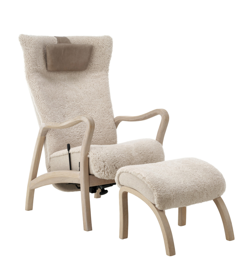 ARCUS Fåtölj inklusive pall Fårskinn Scandilock Moonlight Ek vitoljad