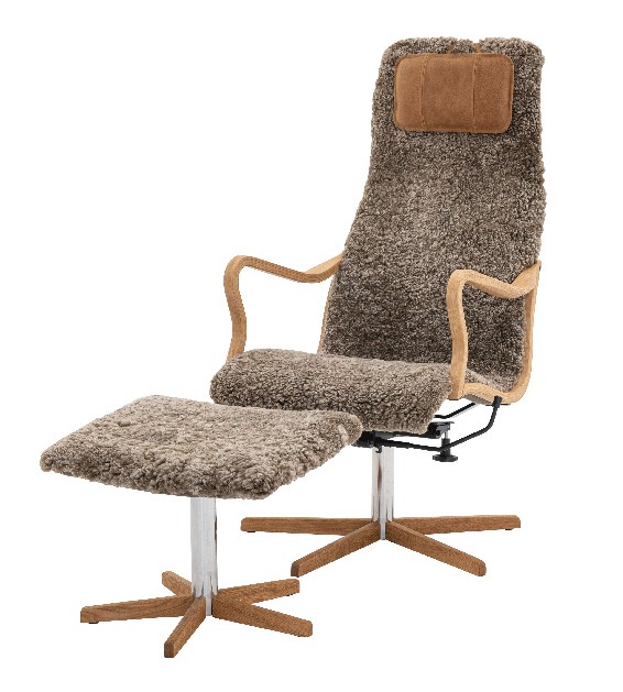 CHIC Fåtölj inklusive pall Fårskinn Skandilock Sahara. Med gungfunktion.