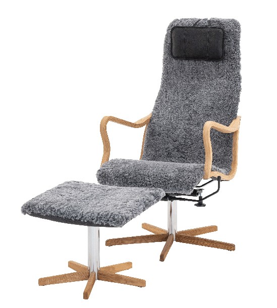 CHIC Fåtölj inklusive pall Fårskinn Skandilock Scandinavian Grey. Med gungfunktion.
