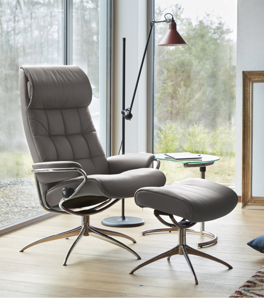 LONDON Fåtölj inklusive pall Läder Paloma Silver Grey Hög Rygg