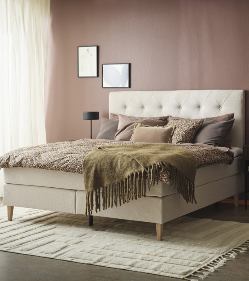 VISBY Kontinentalsäng 180x200 cm Medium/Medium inkl. gavel, bäddmadrass & ben. Tyg Nordic Linen.