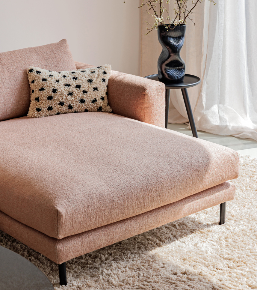 BILLIE Soffa med divan Tyg Spicy Dusty Pink. Höger. Avtagbar klädsel.